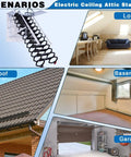 Dead Simple Pull Down Electric Attic Ladder With Retractable Loft Stairs and No Sweat Hands Free Telescoping Rail for Hidden Home Storage Stash In Slick Black shown in various scenarios including loft, basement, garage, and roof.