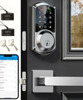 Built Different Smart Deadbolt Lock With Two Lever Handle Set In Satin Nickel shown with keypad and app control on door.