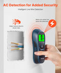 Rock Solid Stud Finder Wall Scanner With Smart Sensor And Hd Lcd Display detecting live wires with color display, hand-held for DIY tasks.