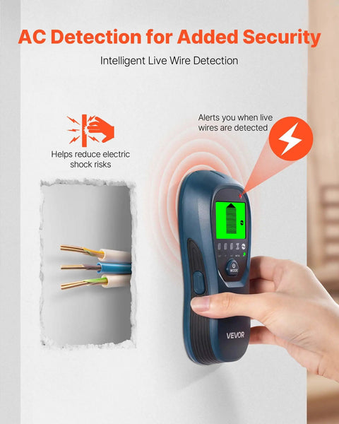 Rock Solid Stud Finder Wall Scanner With Smart Sensor And Hd Lcd Display detecting live wires with color display, hand-held for DIY tasks.