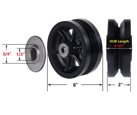 Rock Solid Reinforced 6X2 Inch V Groove Wheel Cast Iron Roller With Pre Installed Bearing Set Of 2 For Slide Gates Rollup Door Seven Eighth Inch Groove V Track 2000 Lb Capacity Black Pack with measurements shown.