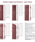 Builder's Edge Vinyl Shutters spec sheet detailing sizes, styles, and materials for exterior use.