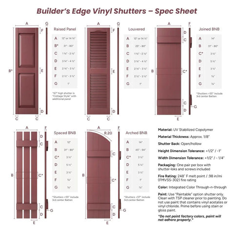 Builder's Edge Vinyl Shutters spec sheet displaying various shutter types, dimensions, and materials for exterior installation.