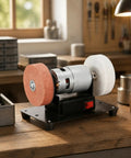 Heavy Duty Table Bench Grinder With Polishing Wheels And Sharpening Stone For Swift Project Repairs Tough As Nails Metal Body Snappy Front Power Switch on wooden workbench.