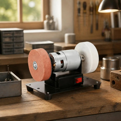 Heavy Duty Table Bench Grinder With Polishing Wheels And Sharpening Stone For Swift Project Repairs Tough As Nails Metal Body Snappy Front Power Switch on wooden workbench.