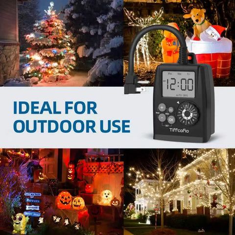 Heavy Duty Weatherproof Digital Outdoor Timer Outlet With Nifty Spin Dial For Real Simple Programming shown with holiday lights.