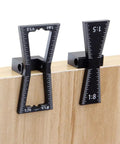 Premium Dovetail Marker Guide Set Featuring Two Aluminum Alloy Woodworking Jigs on a wood panel showing joint ratios.