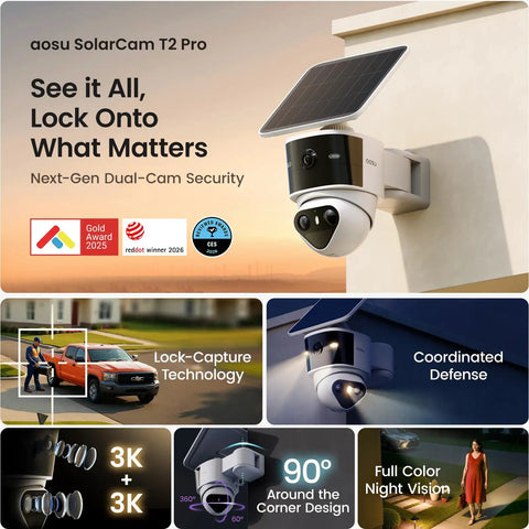Dual Lens Outdoor Security Camera System With 170 Degree Wide Angle And 360 Degree PTZ, Solar Powered, AI Human And Vehicle Tracking