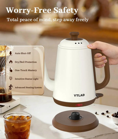 Gooseneck Electric Kettle For Pour Over Coffee And Tea, 1L Capacity, 1000W Fast Boil, 304 Stainless Steel BPA Free, Precise Flow Spout