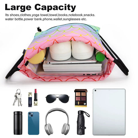Open Colorful Fish Feather Drawstring Backpack Sackpack For Gym And Everyday Use displaying large capacity with various items inside.