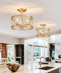 3 Light Farmhouse Semi Flush Mount Ceiling Light with gold finish illuminating a modern kitchen, 12.6 inch diameter, 11.4 inch height