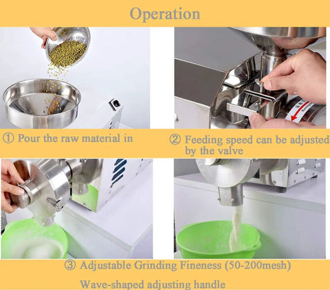 Operation of 3.3Kw Commercial Stainless Steel Grain Grinder Mill for Industrial Use with valve and grinding fineness adjustment.