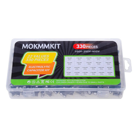 Pro Grade Aluminum Electrolytic Capacitor Assortment Kit Featuring 22 Values From 1UF To 100UF Across 100V 250V And 400V Ratings in storage box.