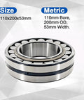 Hardcore Spherical Roller Bearing With Tapered Bore 110X200X53 Mm Model 22222 Ekc3 shown with size details and metallic finish.