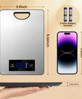 Digital Kitchen Scale With Lab Grade Precision, 11 Lb Capacity Stainless Steel Food Scale for size comparison with phone and batteries