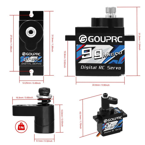 9G Micro Digital Servo with Metal Gears for ARRMA Granite GROM RC Cars, showing size dimensions and 20T aluminum servo horn.