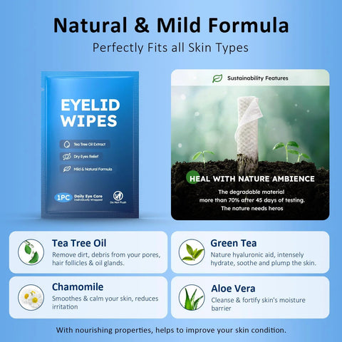 Front view of a blue eyelid wipes sachet labeled Eyelid Wipes; Tea Tree Oil extract noted and daily eye care.