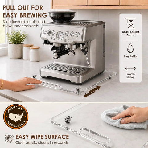 Clear Acrylic Appliance Gliding Tray With Whisper Quiet Rubber Wheels For Heavy Countertops slick rolling base for easy coffee brewing.