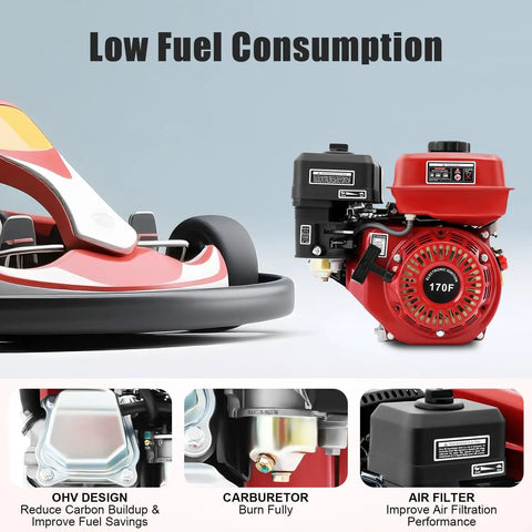 212cc Gasoline Engine 7.5 HP 4 Stroke Pull Start Go Kart Motor With High Precision Carburetor beside a go-kart