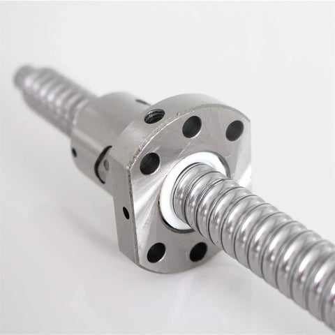 Top Shelf Heavy Duty Ball Screw With Slick Anti Backlash Build And 16Mm Diameter Along With 5Mm Pitch For Smooth Cnc Operations and Tough Shop Fabrication Projects showing a close-up view of the metal nut and threaded shaft.