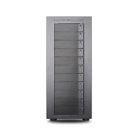 Front view of Thor NAS Full Tower Workstation Server Chassis With Beefy Drive Bays For AI Servers And DIY NAS Supports 11x 3.5 Inch HDD Or 13x 2.5 Inch SSD E-ATX Compatible 140mm PWM Fan USB 3.2 Type-C Front Panel.
