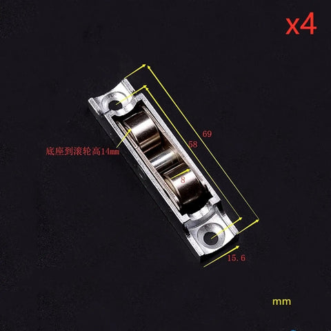 Heavy Duty Sliding Door Rollers Featuring Buttery Smooth Double Wheels Replace Stubborn Pulleys No Hassle Zinc Alloy Track Hardware Killer Performance 4 Pc Set close-up view with measurements.