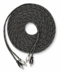 Heavy Duty 4 Gauge Amplifier Wiring Kit Paired With 2 Point 5 Farad Digital Capacitor shows thick power cables coiled neatly.