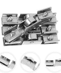 Eight Piece Glass Sliding Door Pulley Roller Kit With Heavy Duty Track Guide For Closets And Windows Slick Smooth Gliding Mechanism No Sweat Installation For Home Repair Projects, showing silver steel rollers with mounting screws.