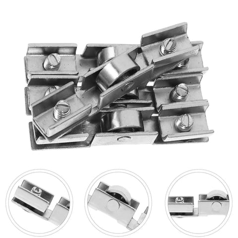 Eight Piece Glass Sliding Door Pulley Roller Kit With Heavy Duty Track Guide For Closets And Windows Slick Smooth Gliding Mechanism No Sweat Installation For Home Repair Projects, showing silver steel rollers with mounting screws.