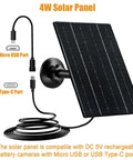 Slick 4W Solar Panel For Outdoor Security Cameras With Usb C And Micro Usb Inputs Two Pack Black mounted with cables.