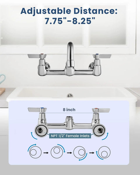 Rock Solid Wall Mount Kitchen Faucet With Swivel Spout And Dual Handles, 8 inch adjustable distance shown.