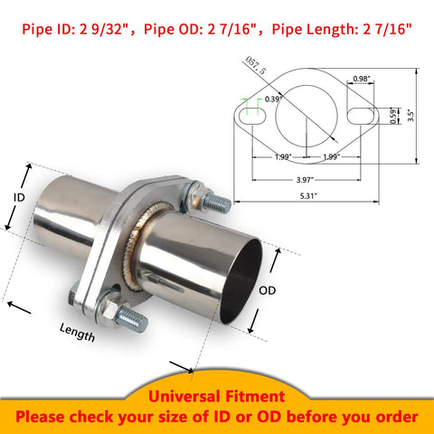 T304 Stainless Steel Exhaust Flange Bolt Kit With Drop In Quick Fix Pipe And Badass Gasket Universal Fit For Street Rods Muscle Cars And Custom Rigs Slick Garage Swap with dimensions and details.