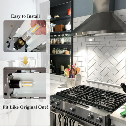E17 LED Bulb Dimmable With No Fuss Dimming For Microwave Light installed above stove, showing easy fit and kitchen application.