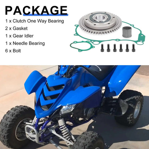 Top Shelf Starter Clutch One Way Bearing And Gear Gasket Kit For 2002 2003 Yamaha Yfm660r Raptor 660r ATV package with components shown