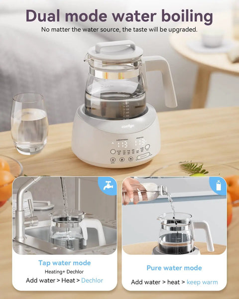 Dual mode water boiling with Bottle Warmer With Night Light And Fast Cooling Fan Instant Water Warmer For Bottles Electric Tea Kettle Style Warmer With 6 Temperature Presets Helps Feed Baby Faster And Healthier Mom Friendly shown on a table, featuring white design and control panel