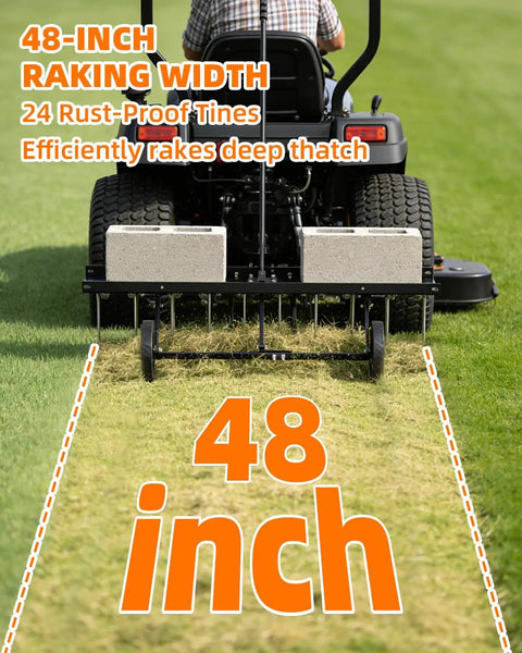 48 Inch Tow Behind Dethatcher With 24 Rustproof Tines And Heavy Duty Tires clearing grass with lawn tractor