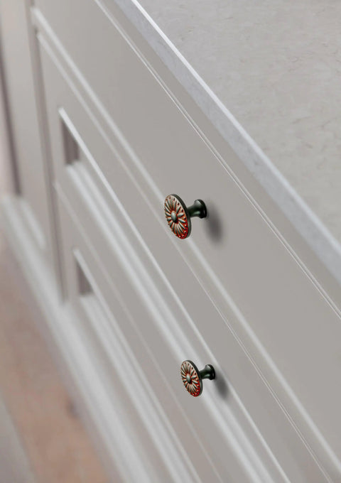 Close-up of Six Pack Fresh Distressed Rust Red Cabinet Knobs With Killer Vintage Floral Medallion Details Cast From Heavy Duty Zinc Alloy