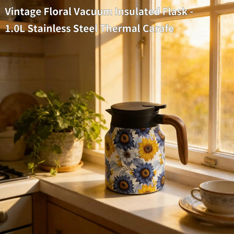 Sunflower Floral 35 Ounce Tea Pot With Infuser Insulated Stainless Steel Kettle shown in a kitchen setting