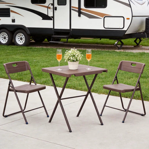 Sturdy Foldable 27 Inch Square Card Table with 400 Lb Capacity set up outdoors near RV with chairs and glasses
