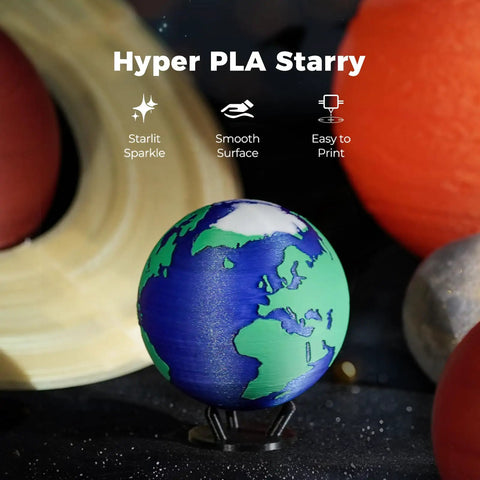 1.75Mm Sparkle PLA Filament With Shimmering Stardust Flakes For 3D Printers used to print a colorful globe in a space setting.
