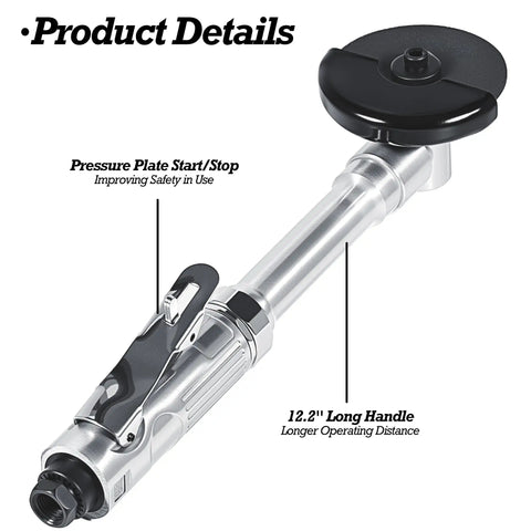 3 Inch Pneumatic Cut Off Tool With Extended Handle And Stepless Speed Dial Runs Cool And Cuts Through Welds Fast Spinning 18000 Rpm detailed view with pressure plate and long handle.