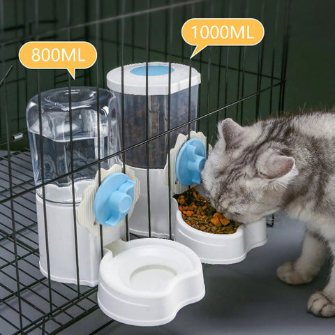 Automatic Pet Water Dispenser With Leakproof Cage Mount Keeps Your Pups Hydrated Straight Up No Mess Easy Hang Bowl For Cats And Dogs, 800ML and 1000ML, grey cat eating.