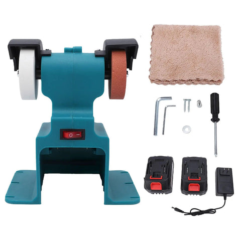 Cordless Mini Bench Grinder Featuring Two 4000Mah Cells 200 Watt Power 7000 RPM Speed 70mm Grinding Wheel and accessories.