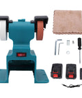 Cordless Mini Bench Grinder Featuring Two 4000mAh Batteries And A Beefy 200 Watt Motor Popping Out 7000 Rpm For Serious Metal Shaving And Smooth Polishing No Strings Attached And Ready To Roll On Your Bench Right Away with grinding wheels and accessories.