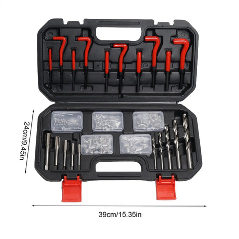 Professional Thread Repair Kit With Precision M5 To M12 Inserts showing a durable organizer with various drill bits and inserts.