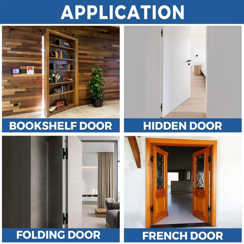 Badass Silent Hidden Door Hinges Six Inch Outswing Concealed Butt Hardware shown in bookshelf, hidden, folding, and French doors.
