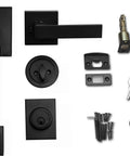 Single Cylinder Door Handle Set With Lever For Entrance And Front Doors Reversible For Left Or Right Handed Use Deadbolt Security Iron Black Finish Sleek Matte Black Exterior Hardware, showing components including lever, keys, and screws.