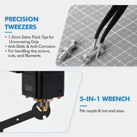3D printer tool kit collage: precision tweezers close-up and 5-in-1 wrench installed on nozzle.
