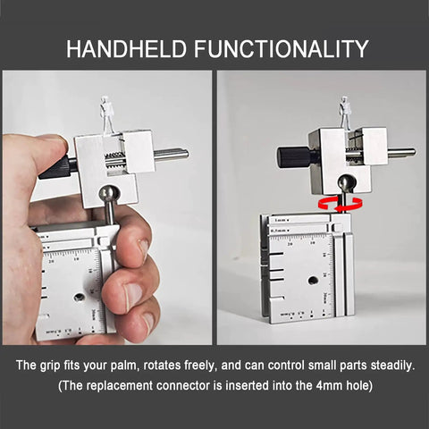 Split Type Mini Bench Vise With Table Clamp And Base For Precision 0.005mm Clamping, handheld stainless steel/aluminum vise shown rotating in hand