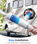 Rv Inline Water Filter For Campers And Garden Hoses Nsf 42 Certified Multi Stage Block Sediment And Chlorine, easy installation shown.